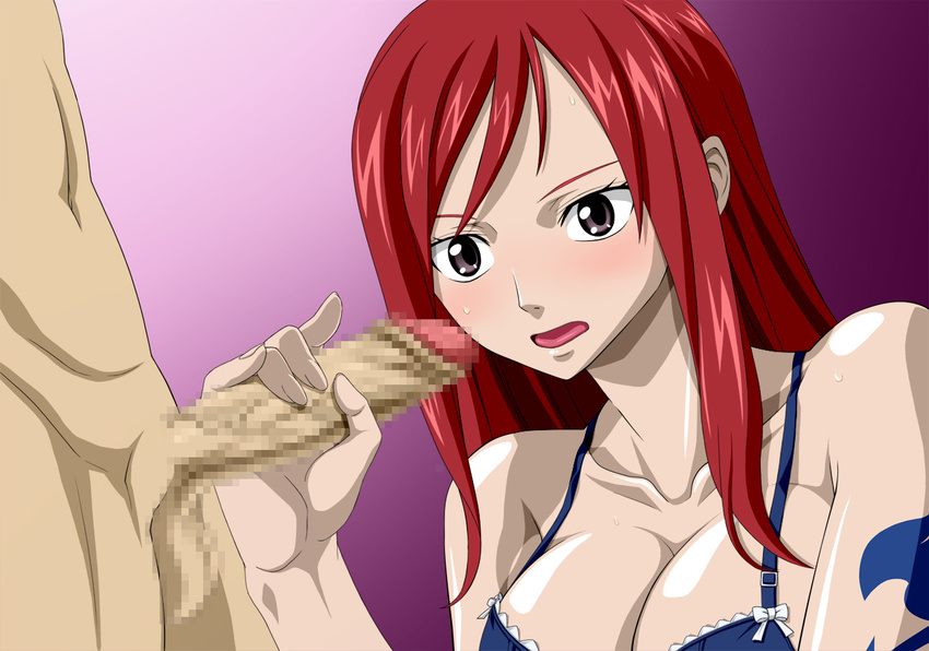 1girl black_eyes blue_bra bra breasts censored cleavage clothed_female_nude_male collarbone erza_scarlet fairy_tail handjob highres legs long_hair looking_at_another mosaic_censoring navel nel-zel_formula open_mouth penis red_hair simple_background solo_focus standing sweatdrop tattoo testicles thighs underwear