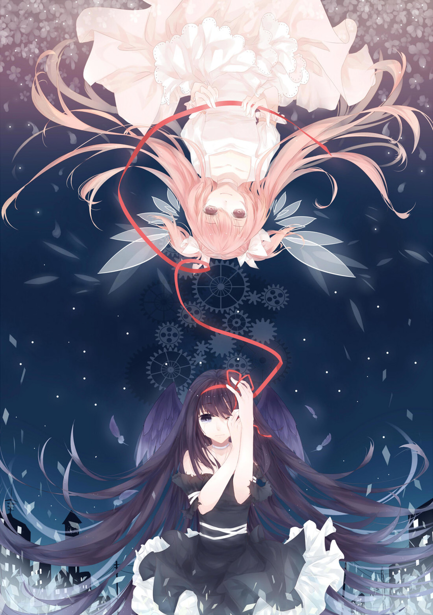 akemi_homura choker dress feathers flower gears hair_ribbon highres kaname_madoka long_hair magical_girl mahou_shoujo_madoka_magica multiple_girls pink_eyes pink_hair purple_eyes ribbon rieko spoilers ultimate_madoka upside-down wings