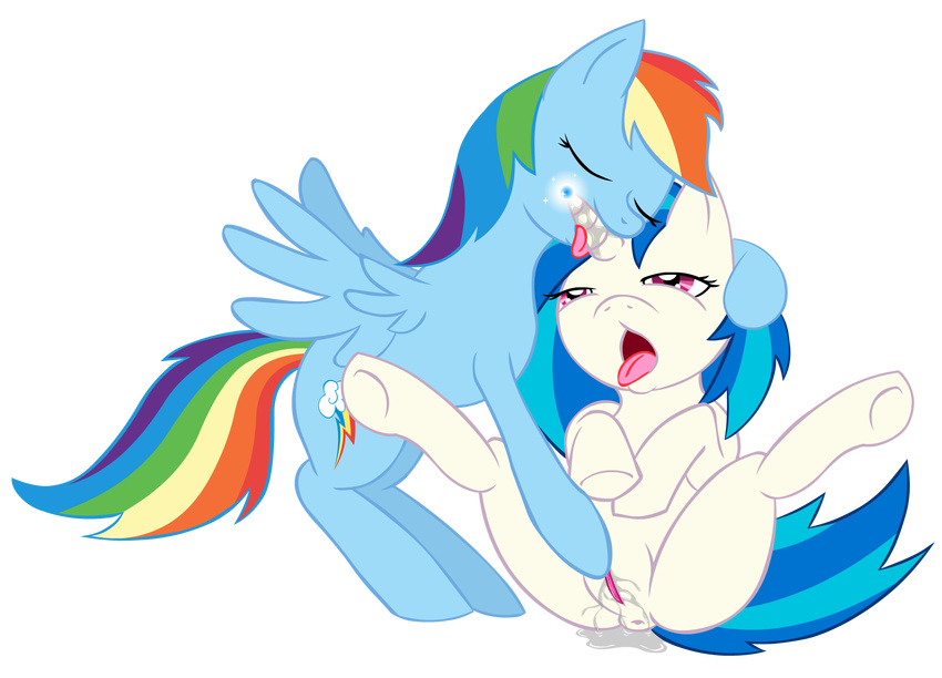 alpha_channel blue_hair cutie_mark equine female feral friendship_is_magic glowing hair hi_res hoofjob horn hornjob lesbian licking magic mammal multi-colored_hair my_little_pony pegasus pussy pussy_juice rainbow_dash_(mlp) rainbow_hair saliva shadowovermars spread_legs spreading tongue tongue_out unicorn vinyl_scratch_(mlp) wings