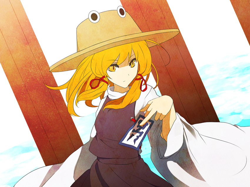 60mai bad_id bad_pixiv_id blonde_hair eyes hat long_sleeves moriya_suwako ofuda onbashira short_hair solo touhou wide_sleeves yellow_eyes