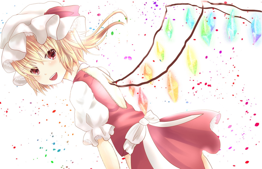 ascot backless_outfit bad_id bad_pixiv_id blonde_hair conesa flandre_scarlet hat hat_ribbon looking_at_viewer open_mouth puffy_sleeves red_eyes ribbon shirt short_sleeves side_ponytail skirt skirt_set smile solo touhou wings