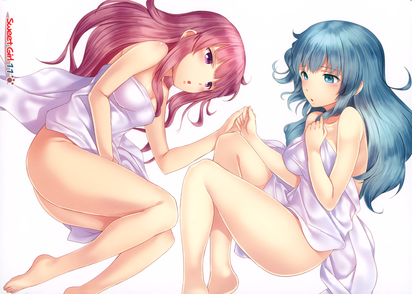 absurdres bare_legs bare_shoulders barefoot blue_eyes blue_hair breasts chobipero cleavage highres holding_hands long_hair lying medium_breasts multiple_girls naked_towel on_stomach open_mouth original pink_hair purple_eyes scan towel yuri