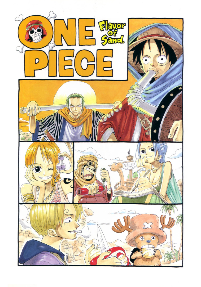 2girls 4boys alabasta apple armband barrel black_hair blonde_hair blue_hair cloud clouds copyright_name cover cover_page desert drinking food fruit goggles going_merry green_hair hand_rest hat highres jewelry jolly_roger knife monkey_d_luffy multiple_boys multiple_girls nami nami_(one_piece) necklace nefertari_vivi oda_eiichiro oda_eiichirou official_art one_piece orange_hair orange_sky palm_tree pen pirate princess reindeer roronoa_zoro sand sanji scar scarf sheathed_sword ship straw straw_hat tattoo title_drop tony_tony_chopper tree usopp x_(symbol)