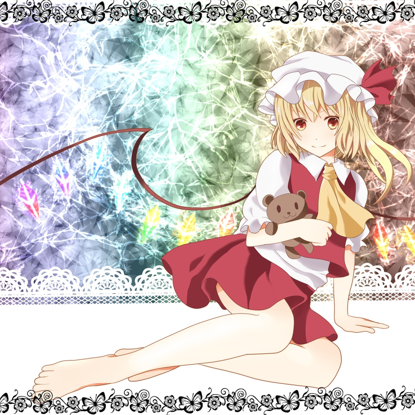 :3 ascot bad_id bad_pixiv_id bare_legs barefoot blonde_hair bug butterfly conesa doll_hug flandre_scarlet flower hat hat_ribbon highres insect looking_at_viewer red_eyes ribbon shirt short_sleeves side_ponytail sitting skirt skirt_set smile solo stuffed_animal stuffed_toy teddy_bear touhou wings