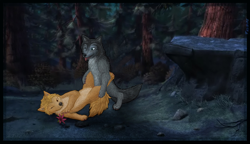 alpha_and_omega canine cartoon felidire female feral feral_on_feral flower forest humphrey kate male mammal open_mouth outside sex straight tongue tongue_out tree wolf wood