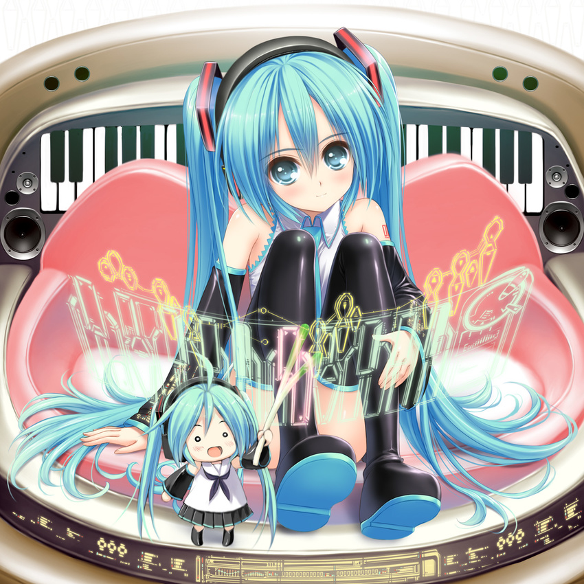 :d bare_shoulders black_legwear blue_eyes blush boots detached_sleeves dual_persona hachune_miku hair_ornament hatsune_miku highres holding instrument long_hair looking_at_viewer multiple_girls necktie norita o_o open_mouth piano sitting skirt smile spring_onion thigh_boots thighhighs twintails very_long_hair vocaloid