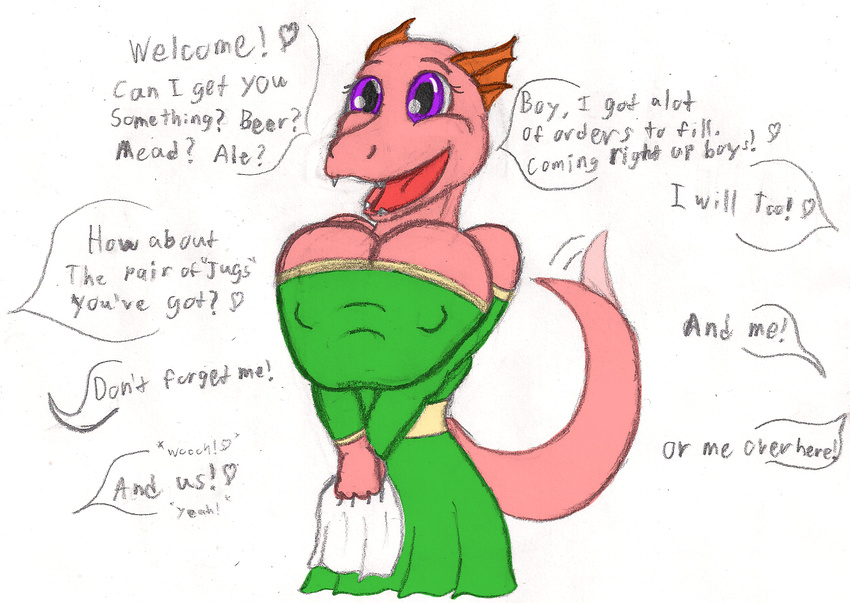 argonian big_breasts breasts dialog dragon-heart dress elder_scrolls english_text female happy huge_breasts nipples pencil pink pink_body scalie solo tail_flick tailwag tavern_wench text the_elder_scrolls video_games