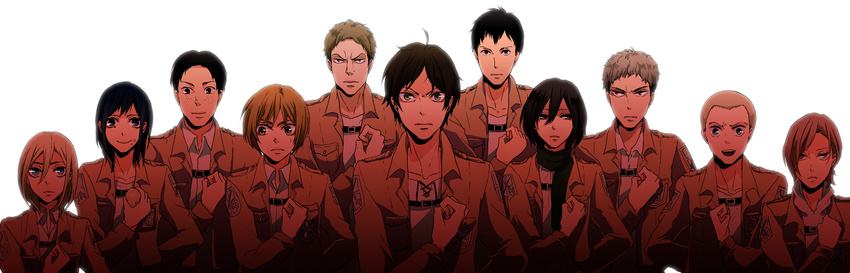 6+boys annie_leonhardt armin_arlert bad_id bad_pixiv_id bertolt_hoover black_hair blonde_hair christa_renz connie_springer emblem eren_yeager freckles highres jean_kirchstein marco_bodt mesubarutan mikasa_ackerman multiple_boys multiple_girls paradis_military_uniform potato reiner_braun salute sasha_braus shingeki_no_kyojin training_corps_(emblem) uniform white_background