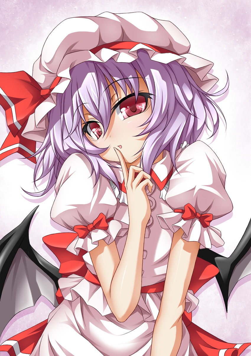 bat_wings bow finger_to_mouth hat hat_ribbon head_tilt highres looking_at_viewer pink_hair puffy_sleeves red_eyes remilia_scarlet ribbon roura short_hair short_sleeves solo touhou wings