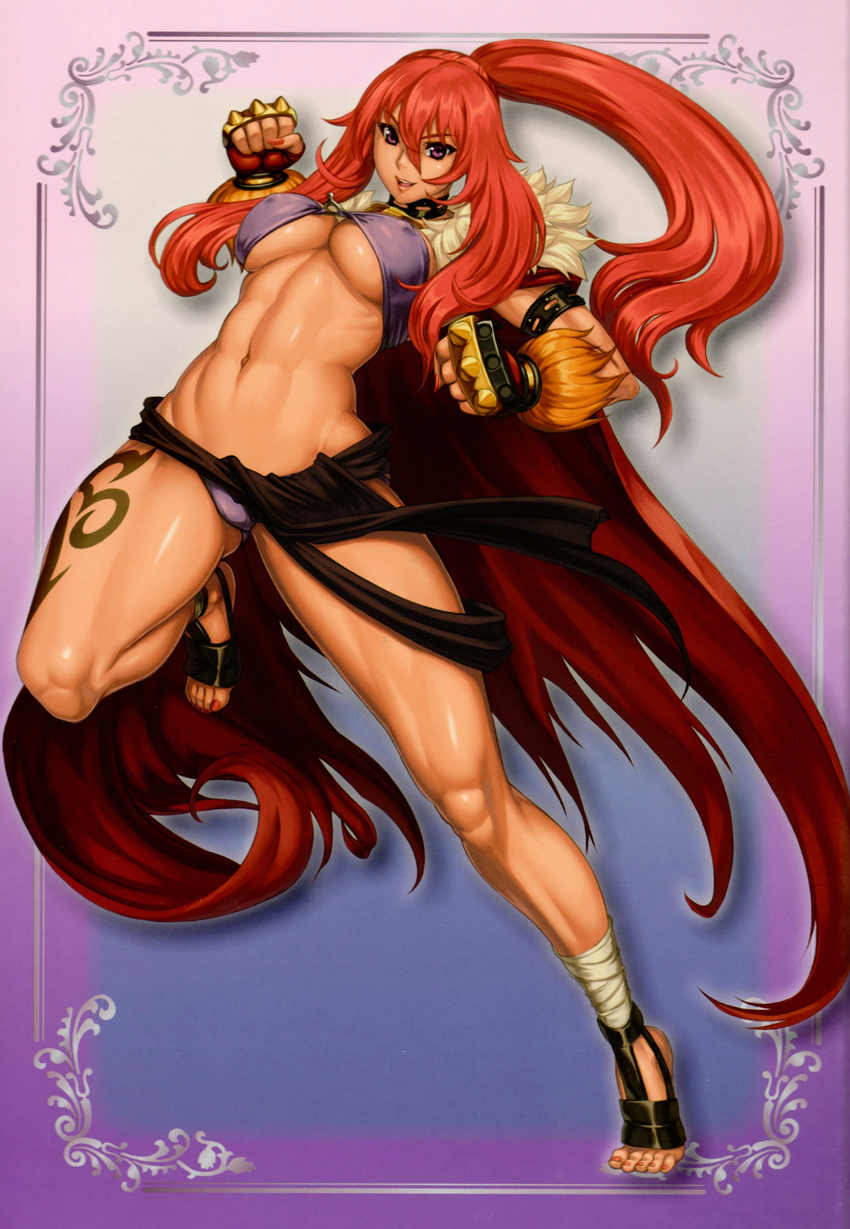 abs absurdres ankle_wrap barefoot barefoot_sandals breasts cape cleavage covered_nipples dark_skin eiwa fingernails gloves highres large_breasts legs long_hair long_legs nail_polish navel official_art ponytail purple_eyes queen's_blade queen's_blade_rebellion red_hair risty scan shiny shiny_skin sidelocks smile solo spiked_knuckles tattoo thick_thighs thighs toeless_legwear toenail_polish toenails toned underboob