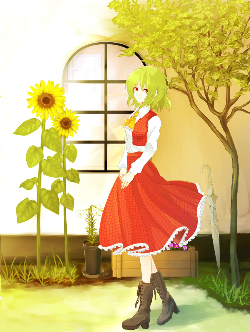 60mai ascot bad_id bad_pixiv_id cross-laced_footwear flower grass green_hair highres kazami_yuuka long_sleeves red_eyes short_hair smile solo standing sunflower touhou tree umbrella window