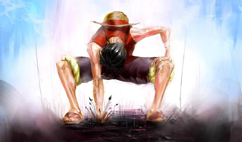 1boy black_hair clenched_hand fighting_stance fist full_body hat male male_focus monkey_d_luffy one_piece pirate punch punching sandals shorts solo straw_hat