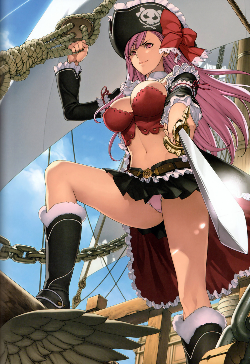 absurdres boots bow breasts bustier captain_liliana cleavage cloud day hat highres jolly_roger knee_boots large_breasts leg_up legs lingerie long_hair midriff miniskirt navel oda_non panties pantyshot pink_eyes pink_hair pink_panties pirate pirate_hat pleated_skirt queen's_blade queen's_blade_rebellion ribbon scan ship skirt skull_and_crossed_swords sky smile solo sword thighs underwear upskirt very_long_hair watercraft weapon