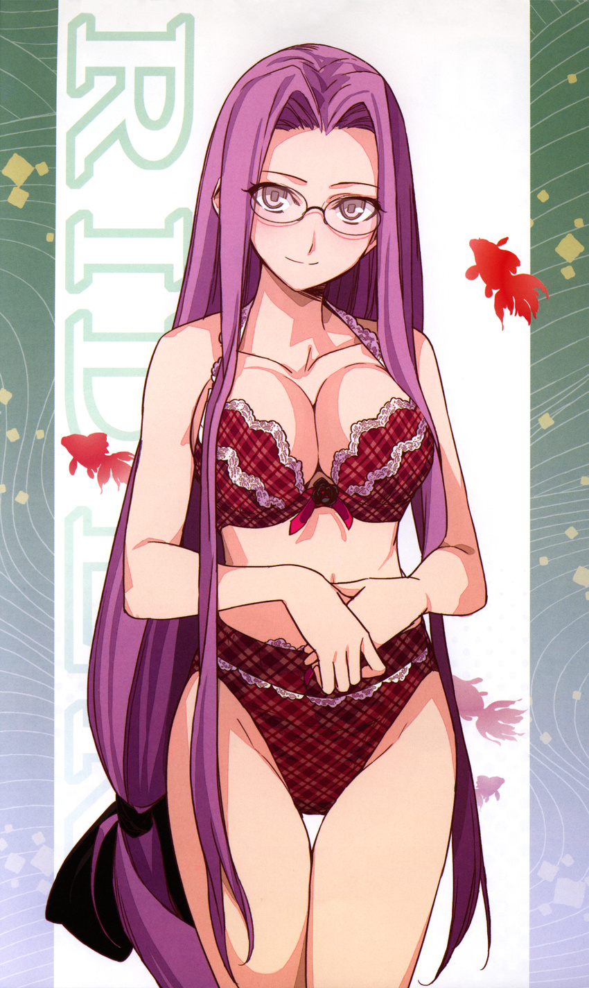 absurdres bad_id bad_yandere_id bare_shoulders bra breasts character_name cleavage fate/stay_night fate_(series) glasses highleg highleg_panties highres lace lace-trimmed_bra lace-trimmed_panties large_breasts lingerie long_hair looking_at_viewer low-tied_long_hair morii_shizuki navel panties plaid plaid_bra plaid_panties purple_eyes purple_hair rider scan solo thigh_gap underwear underwear_only very_long_hair