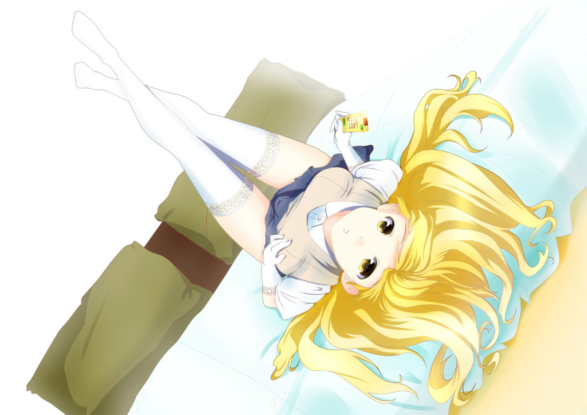 bed blonde_hair breast_hold breasts controller dutch_angle elbow_gloves gloves hair_flowing_over hair_spread_out legs_up long_hair looking_at_viewer lying neo_(tyottama) on_back parted_lips pillow pleated_skirt remote_control school_uniform shokuhou_misaki short_sleeves skirt solo sweater_vest thighhighs to_aru_kagaku_no_railgun to_aru_majutsu_no_index upside-down white_gloves white_legwear yellow_eyes zettai_ryouiki