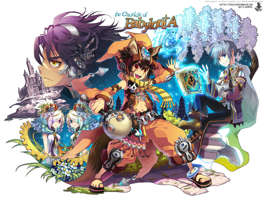 3boys ahoge animal_ears anklet bad_id bad_pixiv_id blue_eyes blue_hair book brown_hair c.seryl castle clenched_teeth detached_sleeves frown gloves grin hair_over_one_eye hat headphones holding jewelry midriff multiple_boys multiple_girls navel open_book open_mouth orange_eyes original outstretched_arm purple_eyes purple_hair sandals short_hair sitting skull smile standing tattoo teeth wand white_hair yellow_eyes