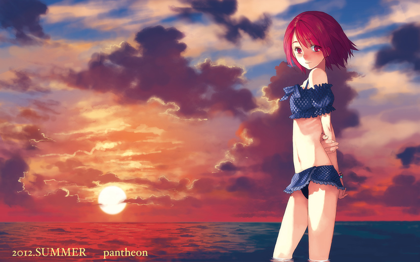 arms_behind_back blush bracelet cloud crop_top highres horizon janus jewelry looking_at_viewer midriff navel ocean original red_eyes red_hair skirt solo sun sunset swimsuit swimsuit_under_clothes wading