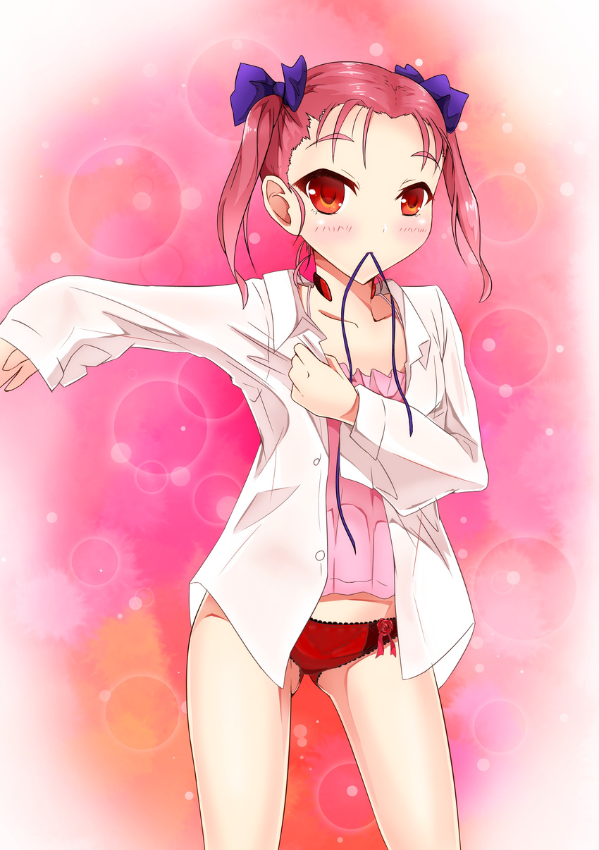 absurdres accel_world ameyoshi blue_bow blue_ribbon bow collarbone hair_bow highres kouzuki_yuniko looking_at_viewer mouth_hold open_clothes open_shirt panties red_eyes red_hair red_panties ribbon ribbon_in_mouth shirt short_hair solo twintails underwear white_shirt