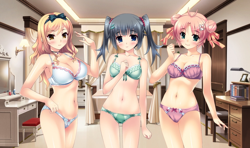 3girls aojiru blush bra panties twintails underwear zettai_majiiki_ichazura_happening