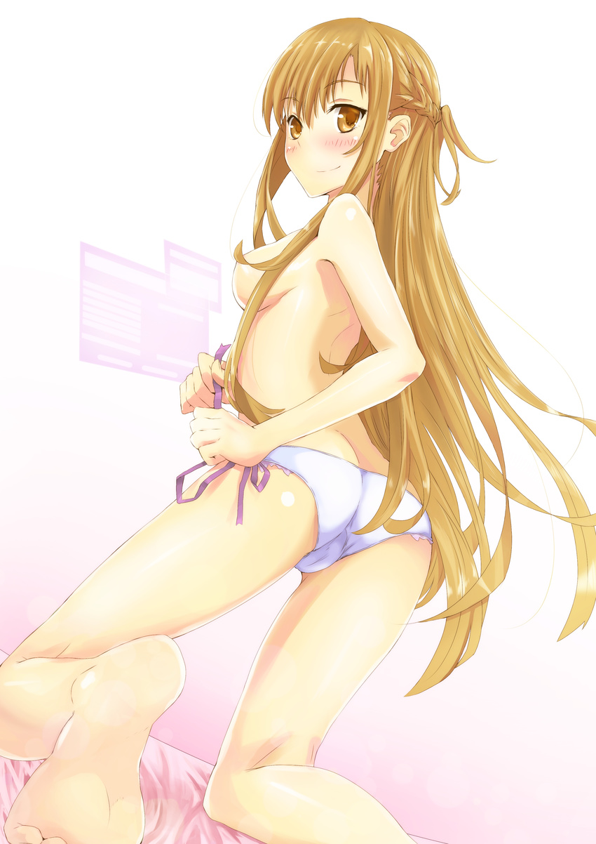 absurdres ameyoshi areolae ass asuna_(sao) barefoot blush breasts brown_eyes brown_hair feet highres holographic_interface long_legs medium_breasts panties smile solo sword_art_online topless underwear underwear_only white_panties