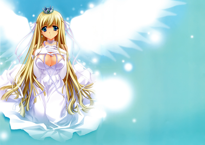 blonde_hair blue_eyes blush breasts carnelian character_request choker cleavage dress gloves highres jewelry large_breasts long_hair ribbon smile wings