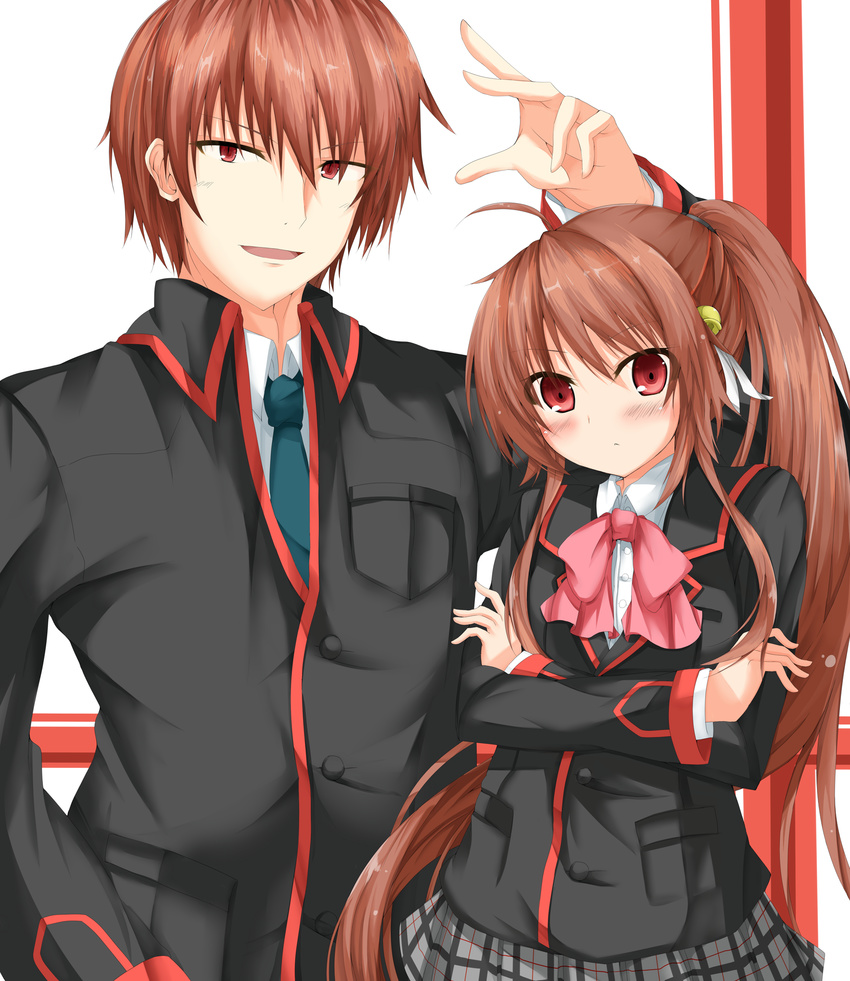 1girl bad_id bad_pixiv_id bow brother_and_sister brown_hair crossed_arms highres iroba little_busters! natsume_kyousuke natsume_rin pink_bow ponytail red_eyes school_uniform short_hair siblings