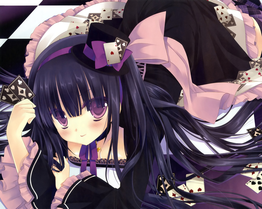 black_hair blush bow card choker dress frills hairband hat highres long_hair lying mini_hat mini_top_hat miyasu_risa original playing_card purple_eyes purple_hairband ribbon smile solo thighhighs top_hat