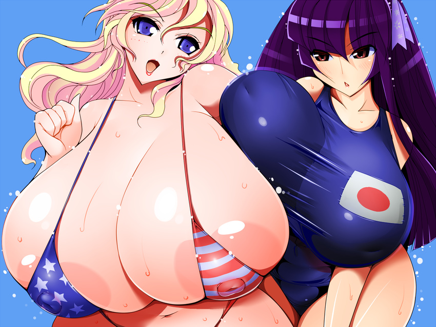 2girls amano_taiki american_flag american_flag_bikini areolae bare_shoulders belly bikini blonde_hair blue_eyes blush breast_press breasts brown_eyes cleavage curvy flag_print gigantic_breasts huge_areolae japanese_flag long_hair midriff multiple_girls navel nipples one-piece_swimsuit open_mouth plump purple_hair red_eyes see-through swimsuit thick_thighs wet wide_hips