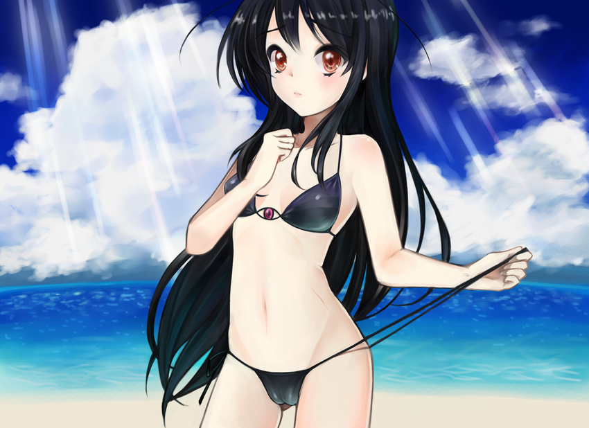 accel_world antenna_hair bad_id bad_pixiv_id beach bikini black_hair blush cameltoe day kuroyukihime light_rays long_hair milme_c navel red_eyes scar side-tie_bikini solo sunbeam sunlight swimsuit untying