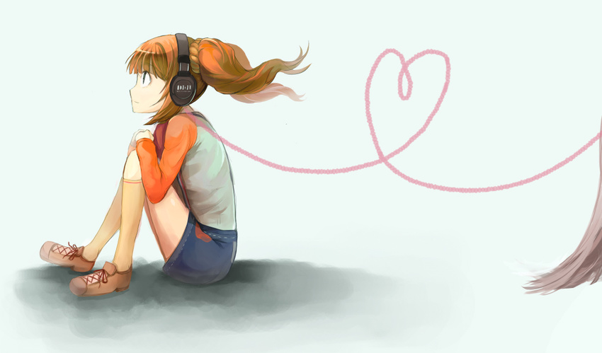 brown_hair headphones heart heart_of_string idolmaster idolmaster_(classic) looking_up pos simple_background sitting solo takatsuki_yayoi twintails