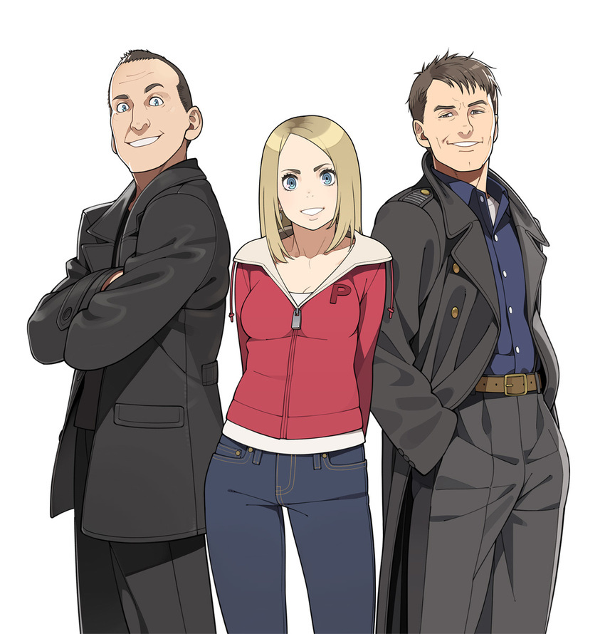 2boys arms_behind_back blazer blue_eyes brown_eyes brown_hair clothes_writing crossed_arms denim doctor_who epaulettes go_robots hands_in_pockets highres hood hoodie jack_harkness jacket jeans multiple_boys ninth_doctor pants rose_tyler short_hair simple_background smile the_doctor trench_coat white_background