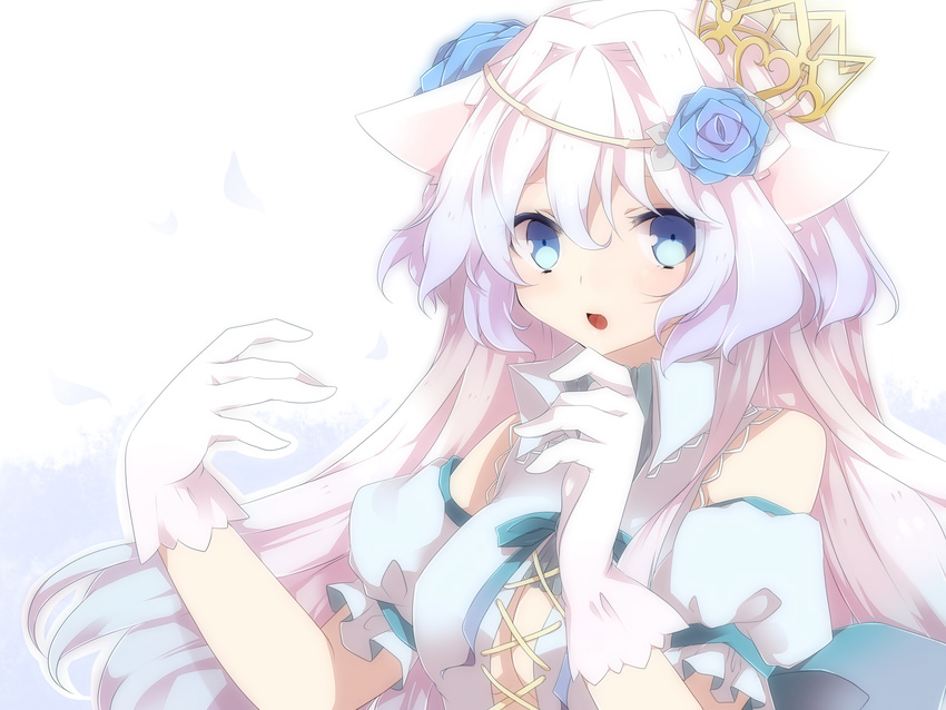 animal_ears bad_id bad_pixiv_id blue_eyes blue_flower blue_rose blush breasts cleavage crown flower gloves hair_flower hair_ornament highres long_hair looking_at_viewer medium_breasts open_mouth original pink_hair rose solo takeshima_(nia) upper_body white_gloves