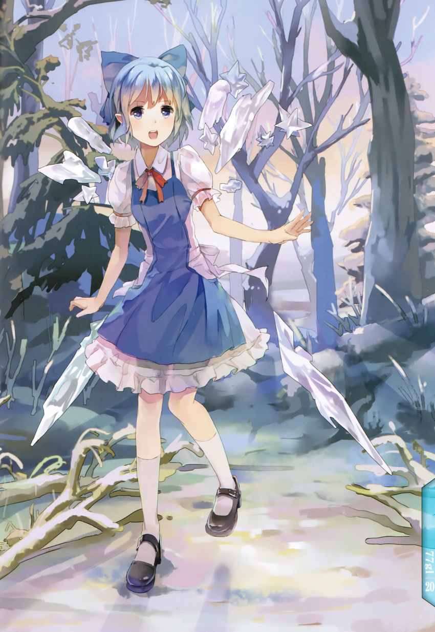 77gl :d absurdres adapted_costume artist_name blue_eyes blue_hair bow cirno hair_bow highres ice ice_wings mary_janes non-web_source open_mouth pointy_ears scan shoes short_hair smile solo touhou tree walking wings