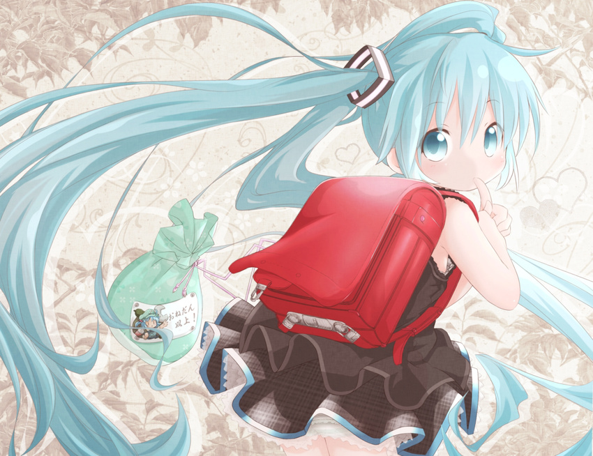 akino_coto backpack bag blue_eyes blue_hair finger_to_mouth hat hatsune_miku highres kawashiro_nitori long_hair looking_at_viewer looking_back randoseru skirt solo touhou two_side_up very_long_hair vocaloid