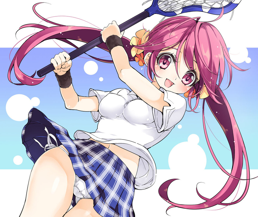 :d armband blue_skirt blush breasts cameltoe copyright_request lacrosse lacrosse_stick looking_at_viewer medium_breasts midriff open_mouth panties pantyshot pantyshot_(standing) pink_eyes pink_hair plaid plaid_skirt side-tie_panties simple_background skirt smile solo source_request standing tareme thigh_gap underwear yukiwo