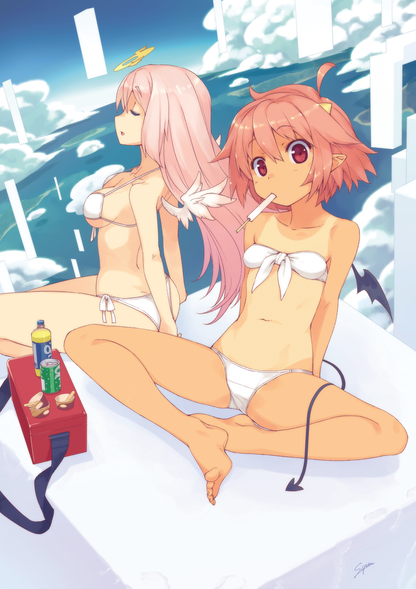 ahoge angel angel_and_devil bandeau barefoot bikini bottle breasts can closed_eyes cloud day demon_girl demon_tail demon_wings feet flat_chest food front-tie_top halo highres horns large_breasts long_hair looking_at_viewer mouth_hold multiple_girls navel original pink_hair pointy_ears popsicle red_eyes red_hair short_hair side-tie_bikini sitting sky soda_can strap_gap sumaki_shungo swimsuit tail tan tanline white_swimsuit wings