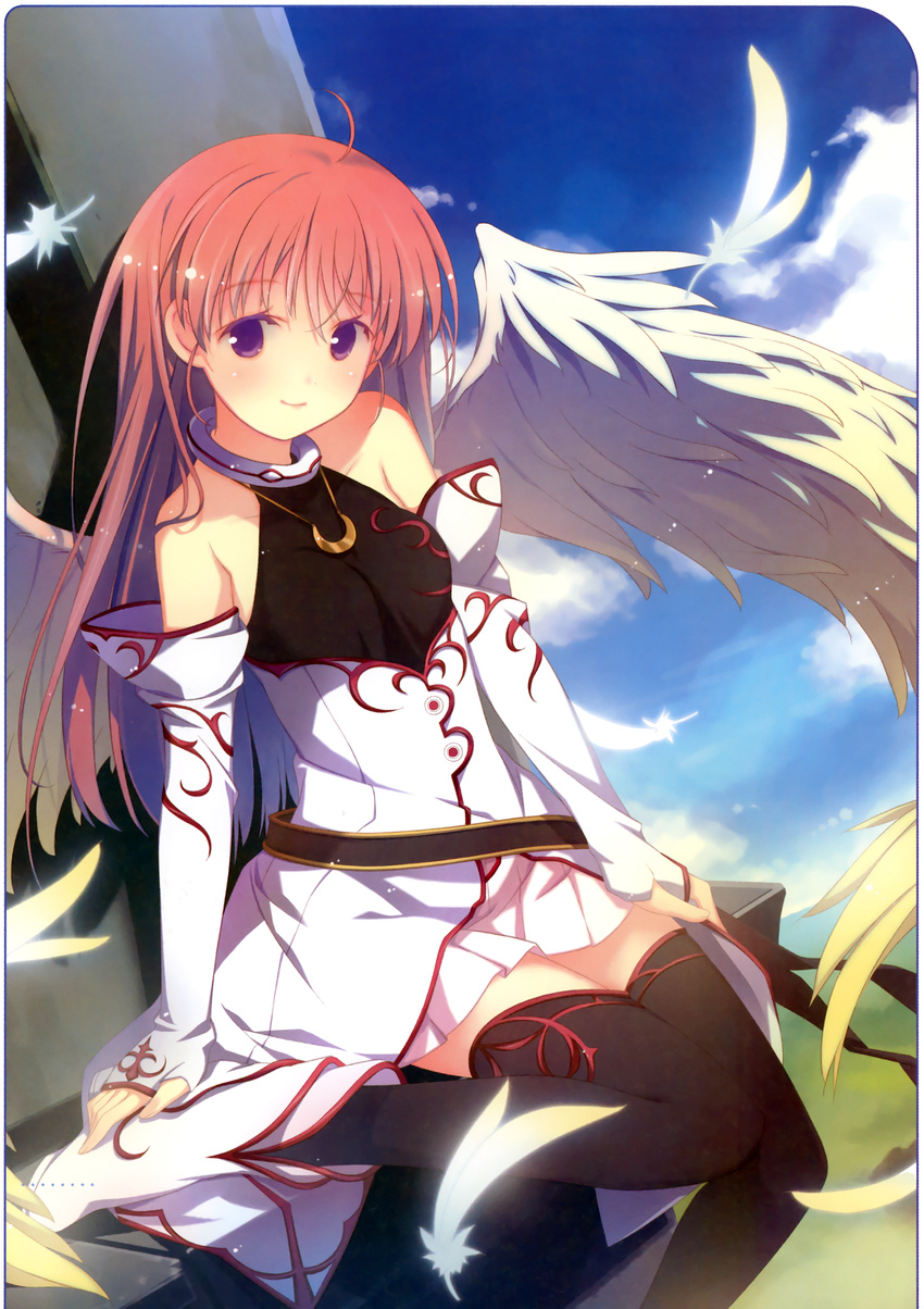 absurdres aiyoku_no_eustia bare_shoulders black_legwear blue_sky boots crescent_moon day detached_sleeves eustia_astraea feathers halter_top halterneck highres jewelry leg_up long_hair moon necklace pink_hair pleated_skirt purple_eyes ruroo scan sitting skirt sky smile solo thighhighs wings zettai_ryouiki