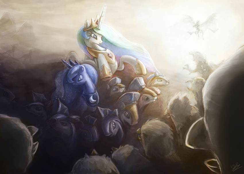 avian equine female feral fight friendship_is_magic group gryphon guard guard_pony horn horse mammal my_little_pony pony princess princess_celestia_(mlp) princess_luna_(mlp) royal_guard_(mlp) royalty sibling sisters thestral winged_unicorn wings