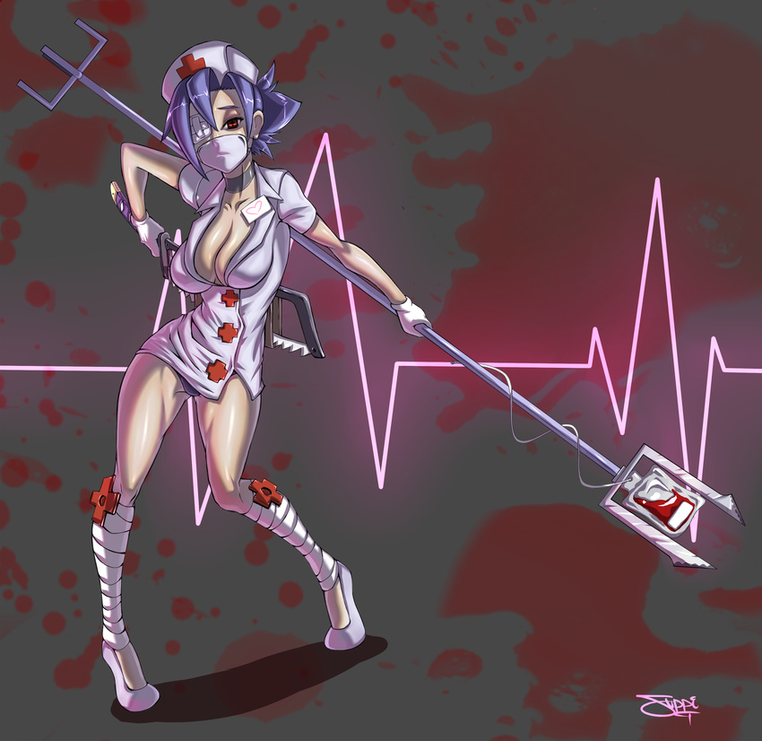 absurdres bandages blood blue_hair breasts choker cleavage dress eyepatch hair_over_one_eye hair_up hat highres its_just_suppi large_breasts mask nurse nurse_cap red_cross saw short_dress skullgirls solo tiptoes valentine_(skullgirls)