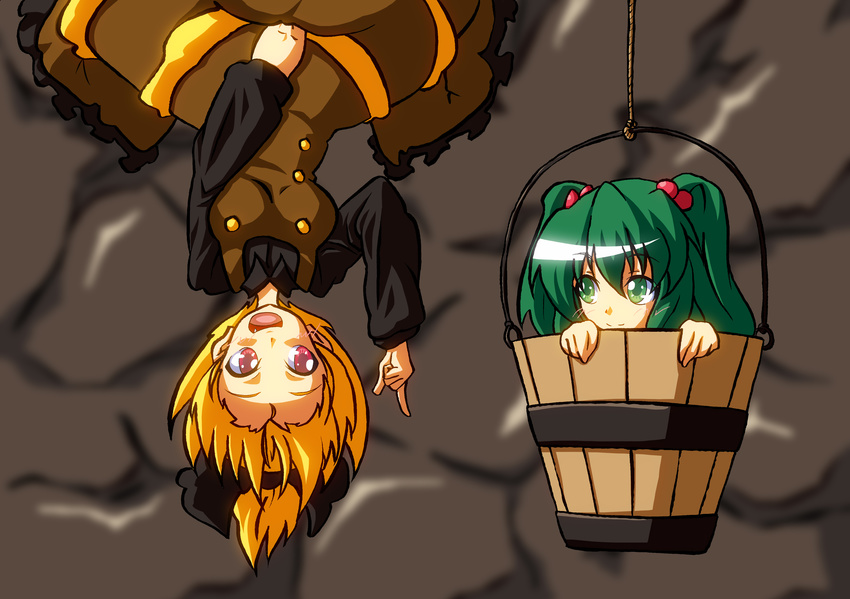 blonde_hair blush bow bucket fang green_eyes green_hair hair_bobbles hair_bow hair_ornament highres in_bucket in_container kisume kurodani_yamame long_sleeves madare-rin multiple_girls open_mouth red_eyes short_hair smile touhou twintails upside-down wooden_bucket