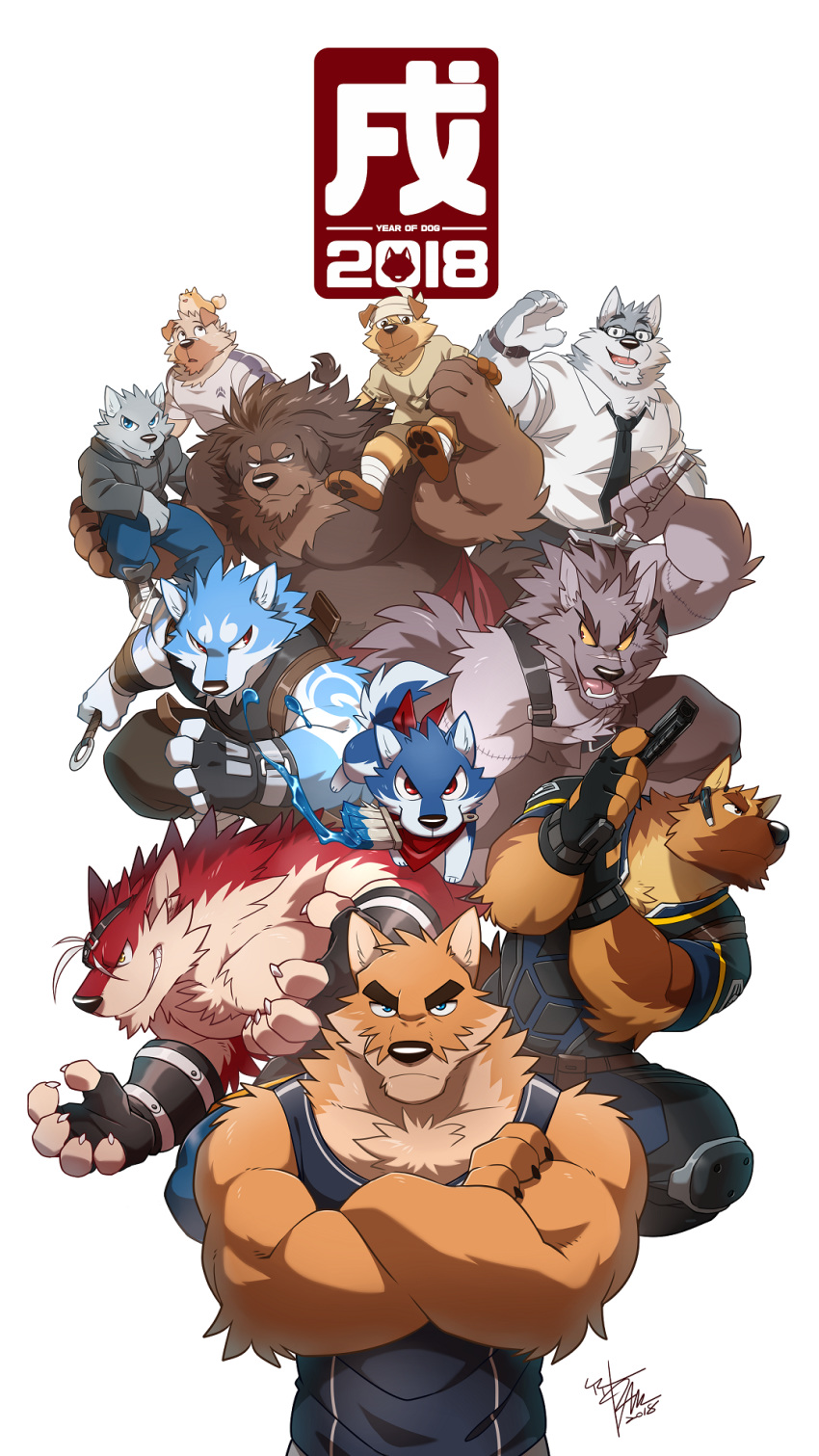 2018 5_fingers action_pose anthro bandage barefoot big_muscles blue_eyes brown_eyes canine chinese_new_year claws clothed clothing crossed_arms dog eye_patch eyewear feral fingerless_gloves fluffy foot_wraps fur german_shepherd glasses gloves group gun handgun hoodie male mammal mastiff melee_weapon mr._wolf_(takemoto_arashi) multicolored_fur musclegut muscular muscular_male neckerchief necktie officer_benson otake paintbrush pants pistol police police_uniform pose ranged_weapon red_eyes rex_(takemoto_arashi) scar shirt simple_background sword takemoto_arashi tank_top text three_tone_fur tibetan_mastiff toes topless tuft two_tone_fur uniform weapon white_background white_fur wolf wraps wristwatch yellow_eyes yellow_sclera