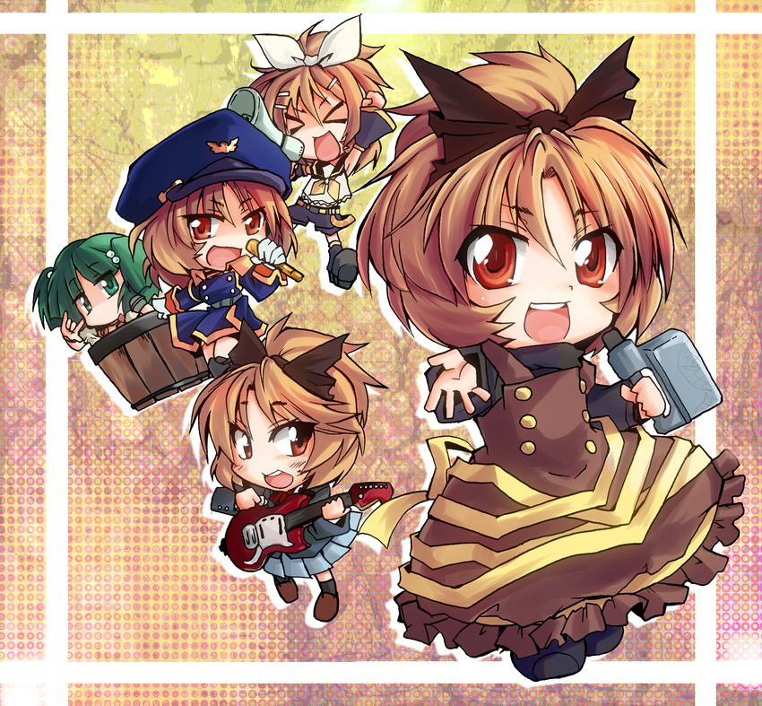 &gt;_&lt; alternate_costume belt bow bucket closed_eyes cosplay detached_sleeves electric_guitar green_eyes green_hair guitar hair_bobbles hair_bow hair_ornament hair_ribbon hairpin hat highres in_bucket in_container instrument k-on! kagamine_rin kagamine_rin_(cosplay) kisume kotojima_motoki kurodani_yamame long_sleeves macross macross_frontier microphone multiple_girls nakano_azusa nakano_azusa_(cosplay) open_mouth orange_eyes ponytail ribbon round_teeth school_uniform sheryl_nome sheryl_nome_(cosplay) short_hair shorts teeth touhou twintails vocaloid wide_sleeves