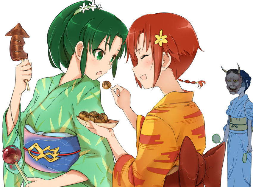 aoki_reika blue_hair blush candy_apple closed_eyes feeding flower food green_eyes green_hair hair_flower hair_ornament hannya hino_akane_(smile_precure!) ikayaki japanese_clothes jealous kimono long_hair mask midorikawa_nao minatsuki_randoseru multiple_girls open_mouth ponytail precure red_hair shaded_face short_hair smile smile_precure! squid takoyaki yukata yuri