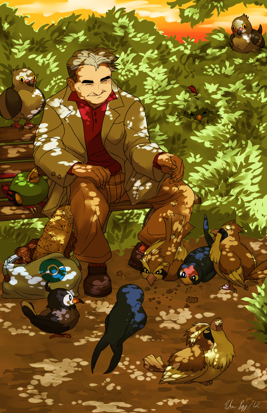 1boy bag bench bird bread closed_eyes dappled_sunlight eyes_closed feeding food grass highres labcoat male male_focus natu nature ookido_yukinari pidgey pidove pokemon roughreaill short_hair signature sitting smile solo starly sunlight taillow yawning