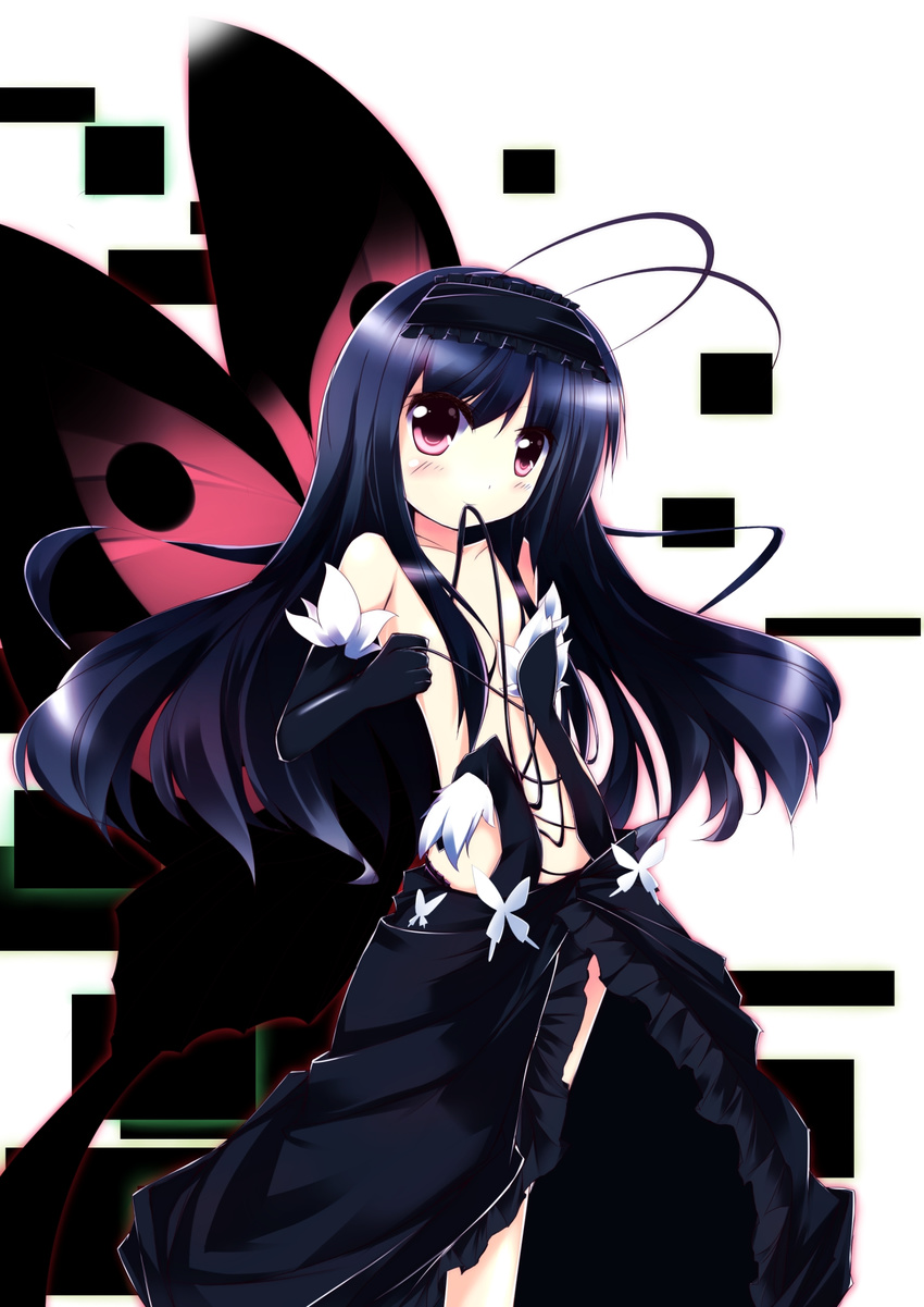 accel_world antenna_hair bare_shoulders black_hair blush bug butterfly butterfly_wings censored convenient_censoring elbow_gloves fuuna gloves highres insect kuroyukihime long_hair mouth_hold red_eyes solo undressing wings