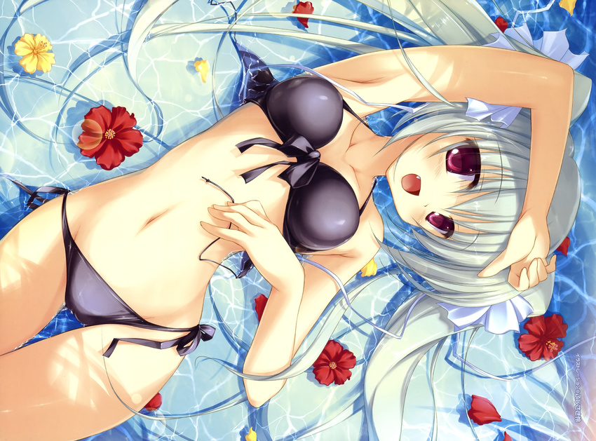 absurdres arm_up armpits bikini fang fujisaki_rei highres long_hair lying navel on_back original partially_submerged red_eyes ribbon scan side-tie_bikini silver_hair solo swimsuit thigh_gap twintails water