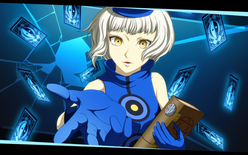 bad_id bad_pixiv_id bare_shoulders book card elizabeth_(persona) gloves hat highres kouchou persona persona_3 short_hair sleeveless solo white_hair yellow_eyes