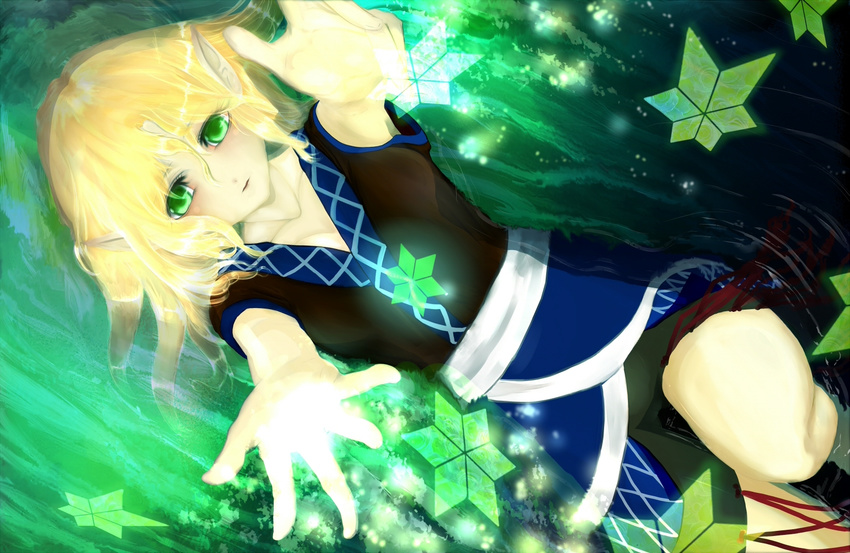 bad_id bad_pixiv_id blonde_hair collarbone danmaku dutch_angle green green_eyes helichrysum looking_at_viewer lying mizuhashi_parsee outstretched_hand parted_lips pointy_ears pov short_hair short_sleeves solo star touhou water wet wet_hair