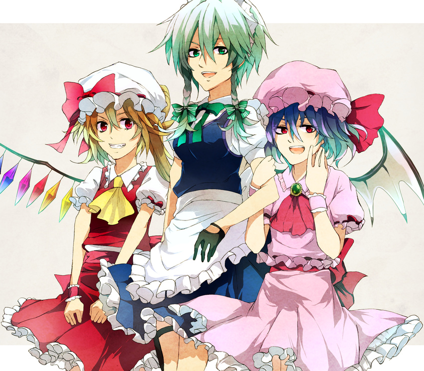 alternate_eye_color aoi_2 apron arm_holding ascot bad_id bad_pixiv_id brooch flandre_scarlet frilled_skirt frills gloves grin hat highres izayoi_sakuya jewelry looking_at_viewer maid multiple_girls puffy_short_sleeves puffy_sleeves red_eyes remilia_scarlet short_hair short_sleeves simple_background skirt skirt_set smile touhou wings wrist_cuffs