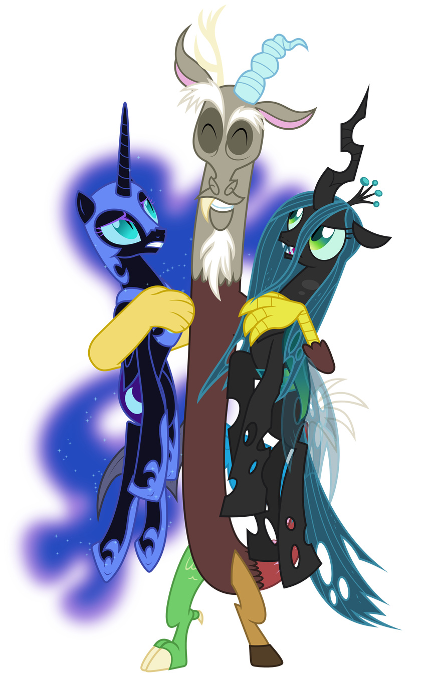 alpha_channel annoyed armor blue_eyes changeling cutie_mark discord_(mlp) draconequus equine eyes_closed female friendship_is_magic green_eyes happy hi_res holes horn horse hug male mammal my_little_pony nightmare_moon_(mlp) plain_background pony queen_chrysalis_(mlp) sparkles transparent_background winged_unicorn wings zutheskunk